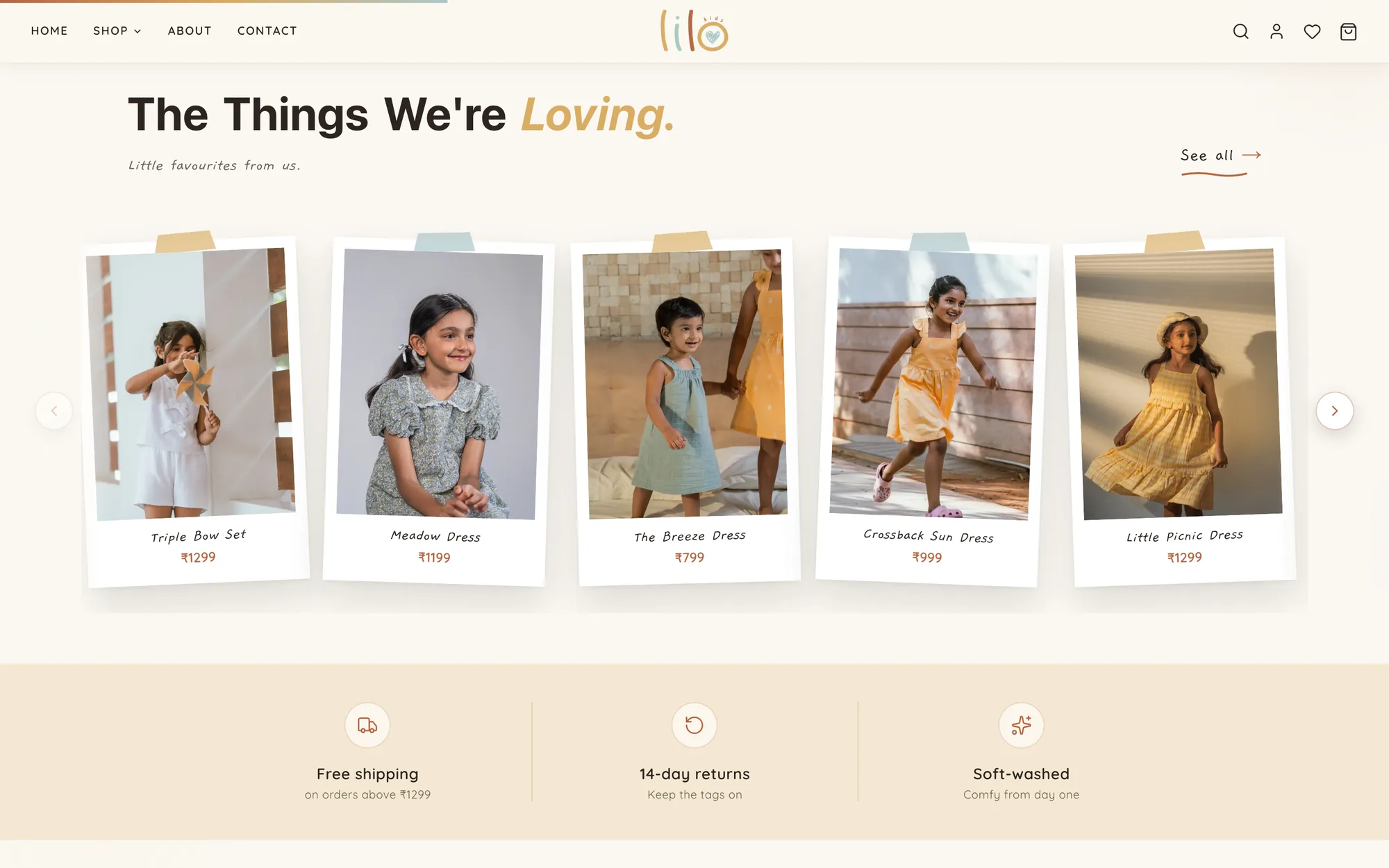 LILO Kids product highlights shown as tilted polaroid cards with washi tape, titled The Things We're Loving