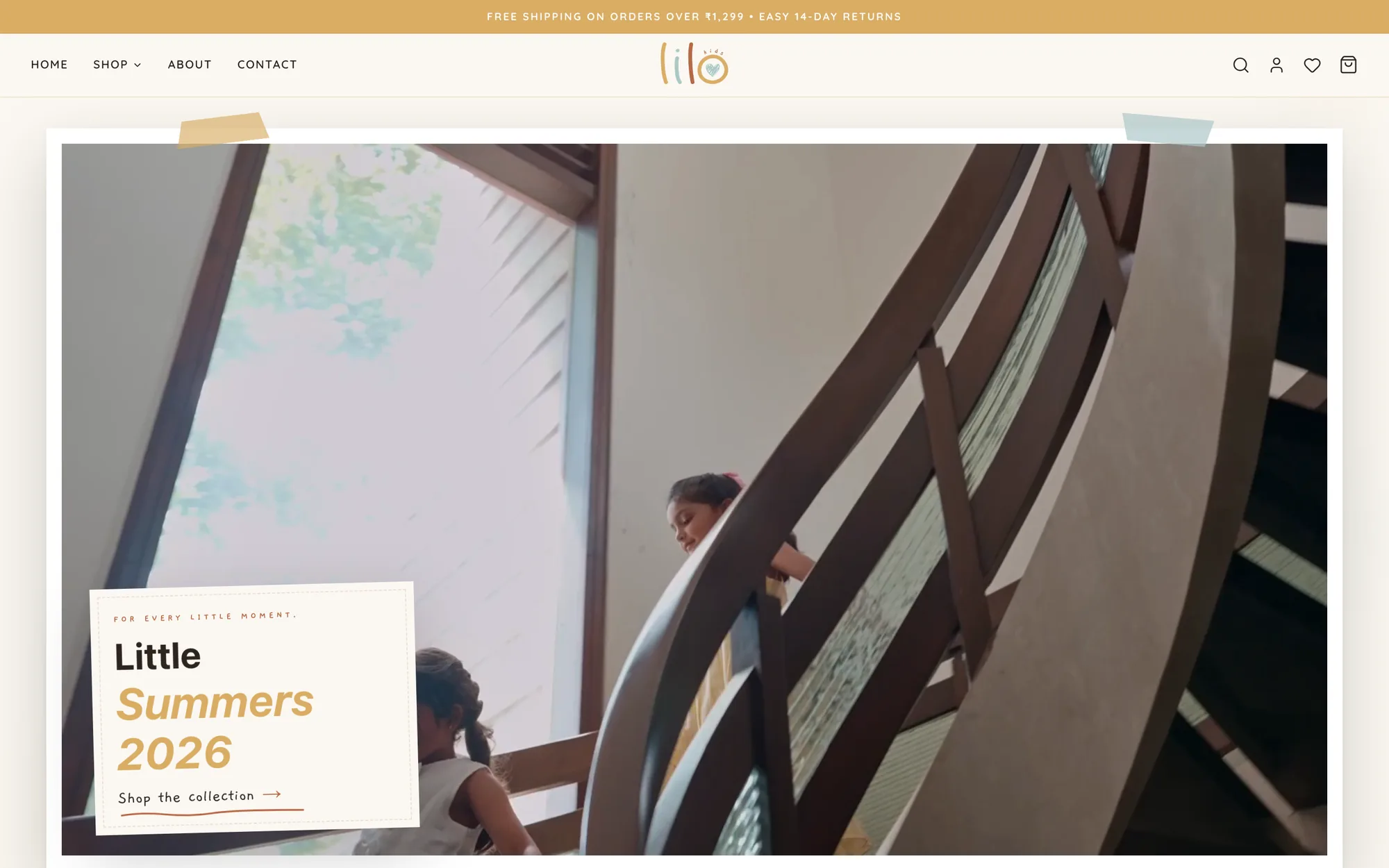 LILO Kids homepage: the Little Summers 2026 campaign in a polaroid-style frame under the LILO logo