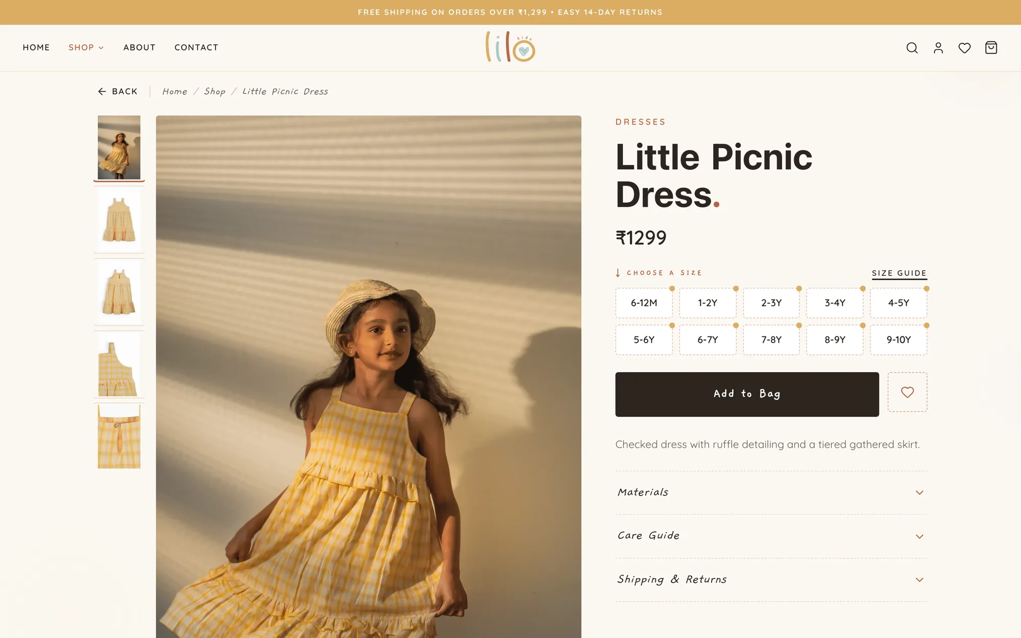 LILO Kids product page for the Little Picnic Dress with gallery, price, size options and Add to Bag button