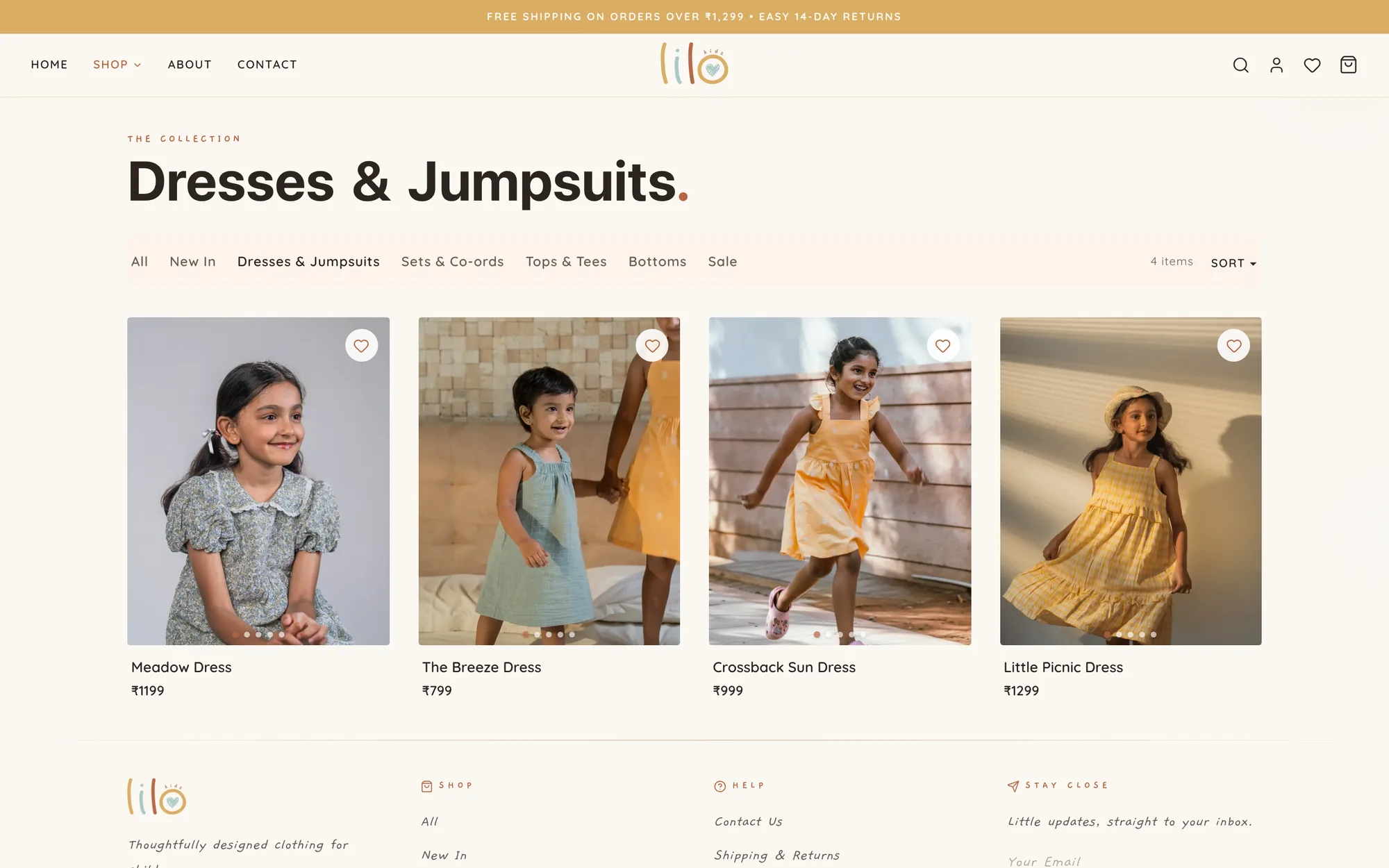LILO Kids Dresses & Jumpsuits collection page with category filters and four product photos