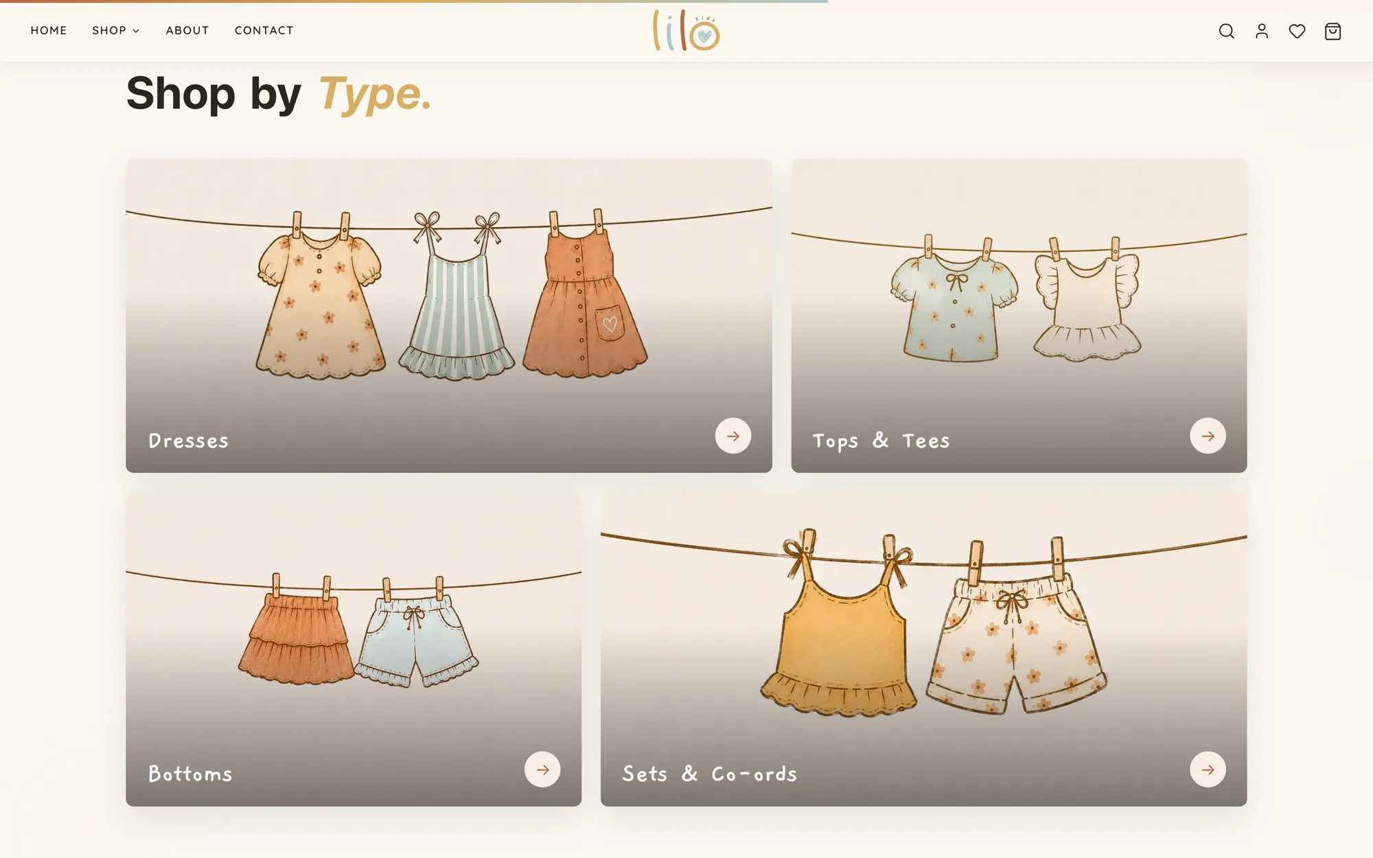 LILO Kids Shop by Type section with illustrated clothes hanging on a line for each category