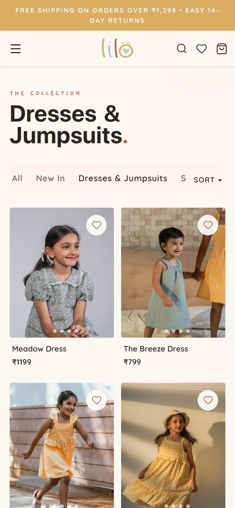 LILO Kids collection page on a phone